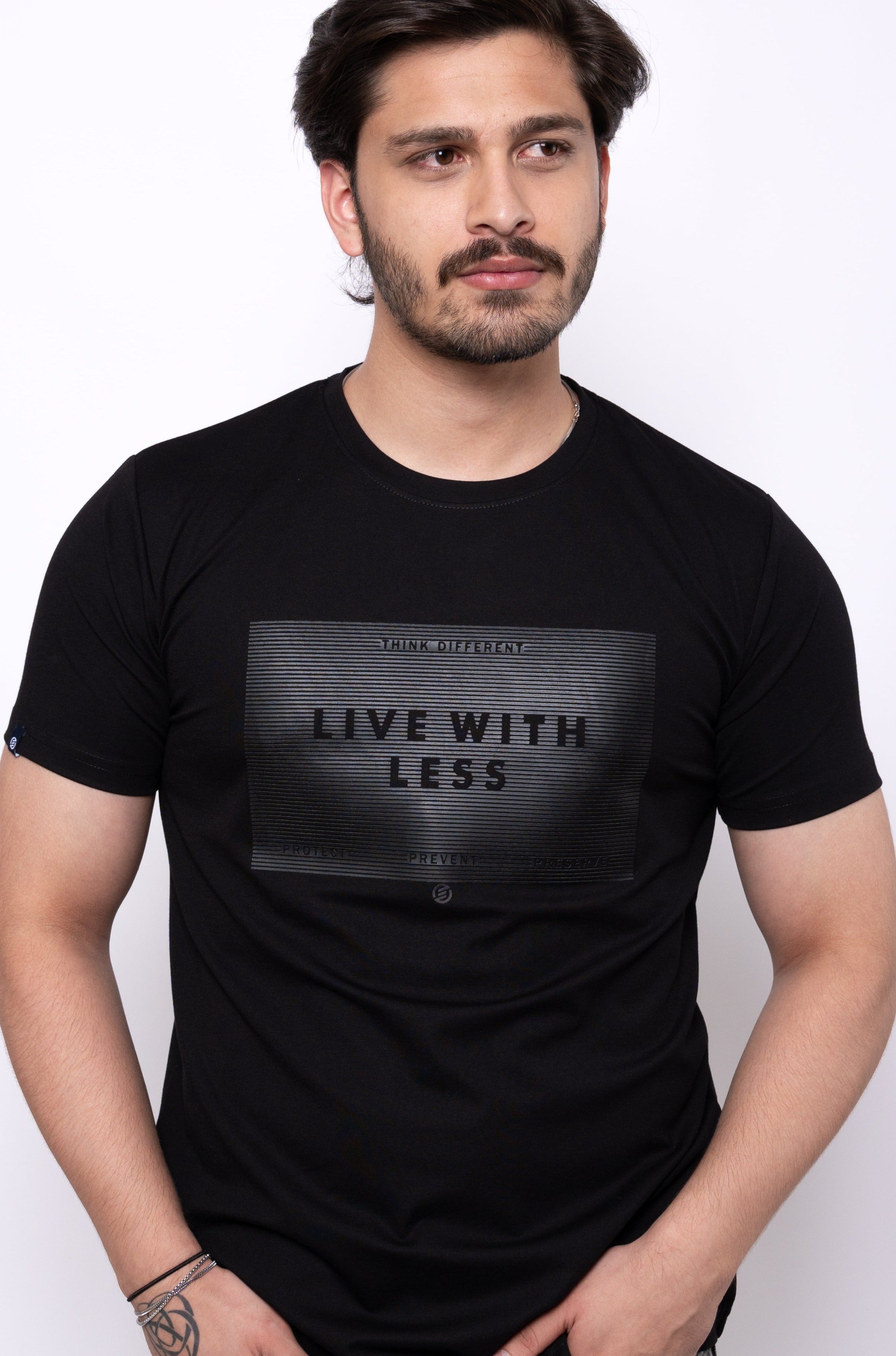 Live With Less Matte Black Printed Tshirt Especa
